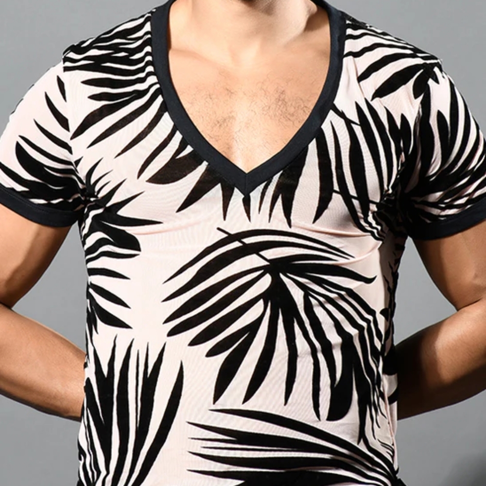 Andrew Christian Black and Cream Short Sleeve Tee with Palm Leaf Design